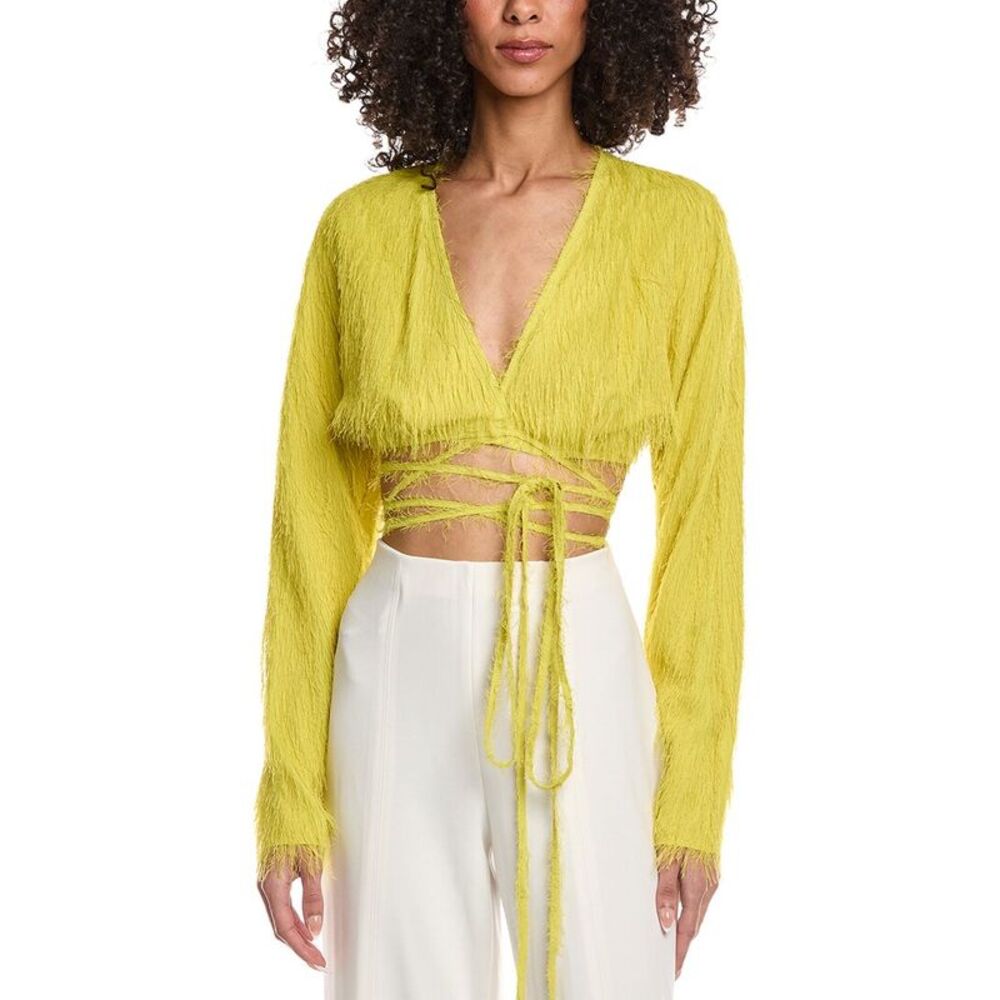 Lapointe Womens  Lightweight Fringe Tie Waist Top, Yellow